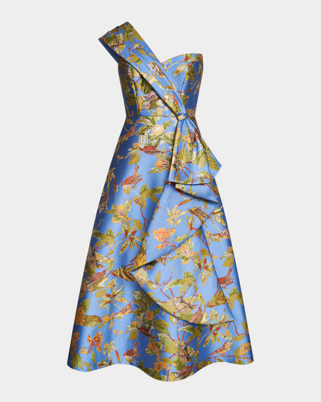 Dalia One-Shoulder Floral Jacquard Midi Dress